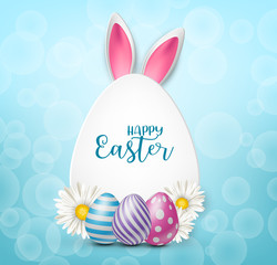 Happy Easter greeting card with realistic 3d aggs, flowers, and bunny ears on blue background. Vector illustration.