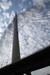 Tower Bridge at Ada Belgrade. Cables at tower provide bridge construction. High pylon.