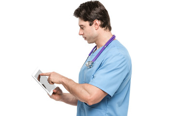 Doctor with digital tablet. Nurse man isolated.