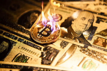 Burning golden bitcoin cryptocurrency on golden US dollars.