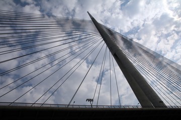 Tower Bridge at Ada Belgrade. Cables at tower provide bridge construction. High pylon.