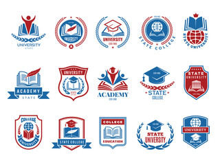 College emblem. School or university badges and labels vector logotype collection. School emblem, college badge and university label with shield illustration