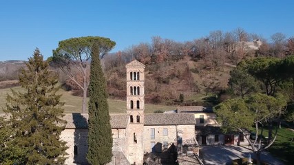 Sanctuary of Vescovio ( Lazio, Italy ). Church and bell tower in Sabina. Aerial view
