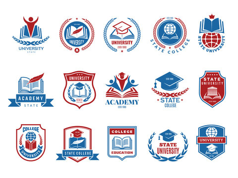 College emblem. School or university badges and labels vector logotype collection. School emblem, college badge and university label with shield illustration