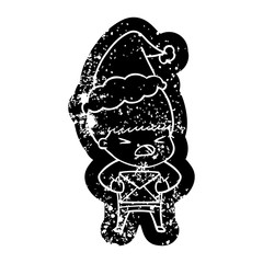 cartoon distressed icon of a stressed man wearing santa hat