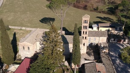 Sanctuary of Vescovio ( Lazio, Italy ). Church and bell tower in Sabina. Aerial view