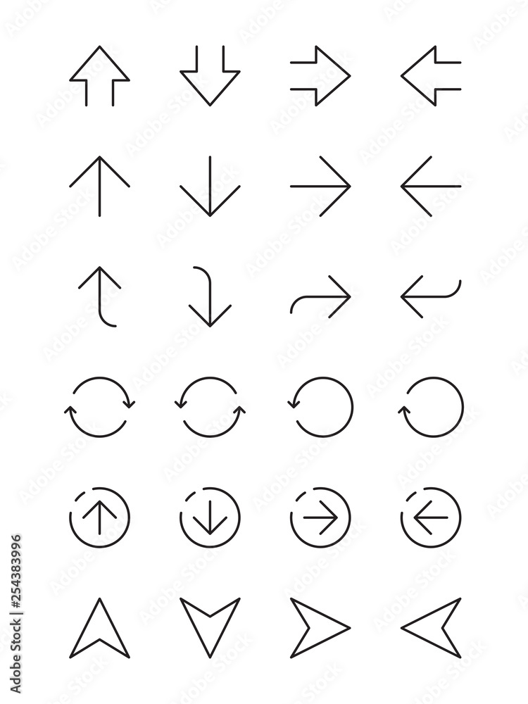 Poster Simple arrows. Ui interface navigation thin line arrows left right up down vector infographic elements. Arrow left and right pointer, curve pointing illustration