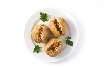 Stuffed potatoes with bacon and cheese on plate isolated on white background.. Top view