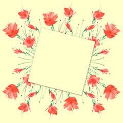  Watercolor bouquet of flowers, Floral background. Bright red floral bouquet. Beautiful abstract splash of paint, fashion illustration. Flower - red poppy, tulip. Watercolor abstract. Greeting card