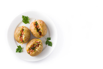 Stuffed potatoes with bacon and cheese on plate isolated on white background.. Top view. Copyspace