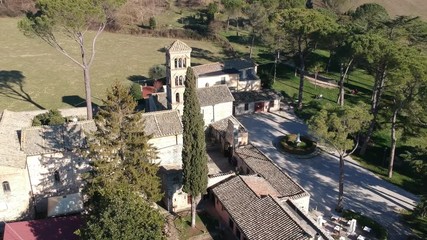 Sanctuary of Vescovio ( Lazio, Italy ). Church and bell tower in Sabina. Aerial view