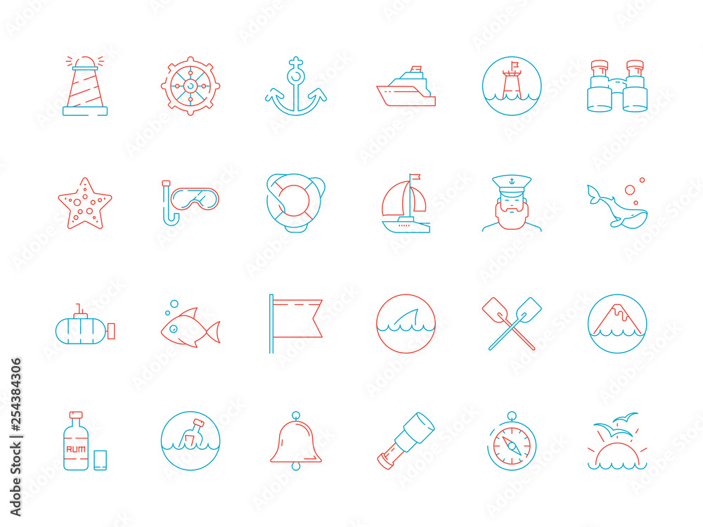 Sticker Marine icon collection. Nautical sea or ocean symbols fish boat map navy yacht captain cap vector colored pictures. Illustration of anchor and yacht, submarine and bell, transport vessel