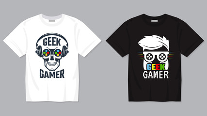 Game t-shirt. Joypad controller digital video gaming concept for geek vector printing template for textile. Illustration of joypad and joystick, gamepad for play © ONYXprj