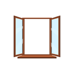 Vector open window. Window with brown frame, sill and blue glass on white background. Flat style vector illustration. 