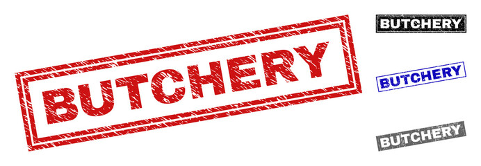 Grunge BUTCHERY rectangle stamp seals isolated on a white background. Rectangular seals with grunge texture in red, blue, black and grey colors.