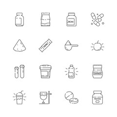Sport nutrition icon. Vitamine active supplement food fitness industry pills whey protein health vector thin line symbols. Protein for sport, energy nutrition illustration