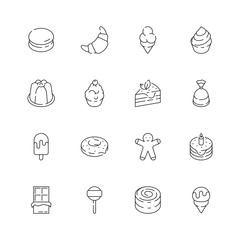 Dessert icon. Chocolate candy jelly cakes ice cream party delicious food vector thin line icon. Illustration of candy and chocolate, dessert and cake