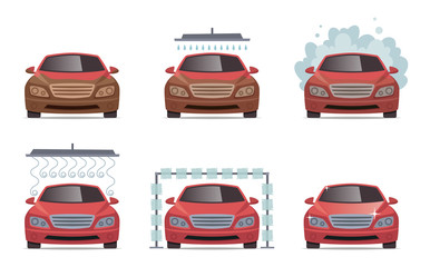 Obraz premium Car wash. Transport automobile water wash service vector collection set. Illustration of automobile car service, auto wash