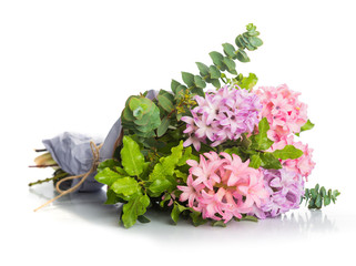Hyacinth pink flowers with green leaves