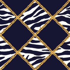 Goldene Kette Glamour Plaid Zebra nahtlose Muster Illustration. Aquarellbeschaffenheit mit goldenen Ketten.