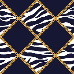 Afwasbaar Fotobehang Glamour stijl Gouden ketting glamour geruite zebra naadloze patroon illustratie. Waterverftextuur met gouden kettingen.