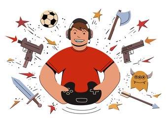 Gamer playing a video game on the console. Keeps gamepad. Vector cartoon illustration.