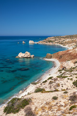 Petra tou Romiou or Aphrodite Rock Beach, one of the main attractions and landmarks of Cyprus island.