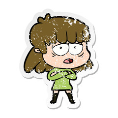 distressed sticker of a cartoon tired woman