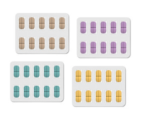Medical pill blister set isolated on white background. Ten colored oblong medicine tablets per pack, vector template