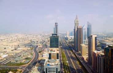 Fototapeta na wymiar Panorama skyscrapers buildings Dubai city, United Arab Emirates