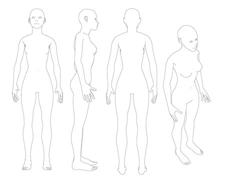 Set with contours of the naked girl. Girl with different types of black lines. Front, back, side and isometric view. Vector illustration