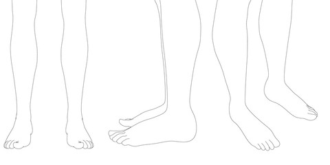 Set with contours of human legs. Feet with different types of black lines. Front, side and isometric view. Vector illustration