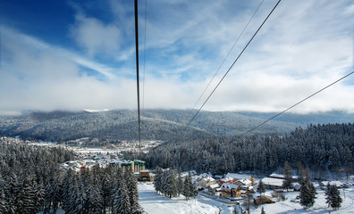 View of Sinaia from the cabin. Skiing in Prahova Valley, a popular Romanian destination for winter...