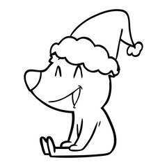 sitting bear line drawing of a wearing santa hat