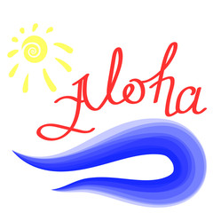 Fototapeta na wymiar Lettering Aloha Text with Sea and Sun. Hand Sketched Aloha Typography Sign for Badge, Icon, Banner, Tag, Illustration, Postcard Poster