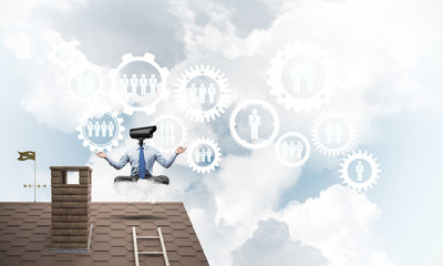 Concept of security and privacy protection with camera headed man meditating