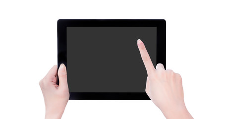 Young beautiful girl holding a black tablet pc template with gray screen isolated on white background, close up, mock up, clipping path, cut out