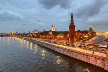 Moscow Kremlin embankment in the summer evening, An overcast, rainy day.