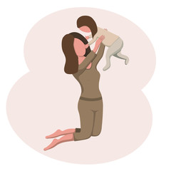 Mom is on her knees and holding her baby girl up. Mother's Day. Flat vector illustration