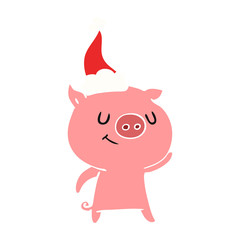 happy flat color illustration of a pig wearing santa hat