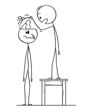 Cartoon stick figure drawing conceptual illustration of man looking in to empty head of crazy or dull man finding no brain inside or brainless.