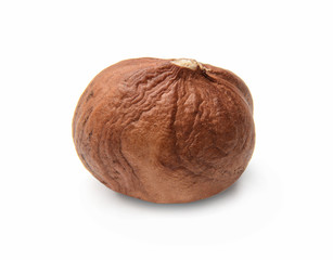 Peeled hazelnut on white isolated background. Side view. Close-up. Macro.