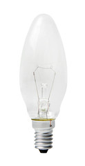 Incandescent lamp on a white isolated background. Side view. Close-up.