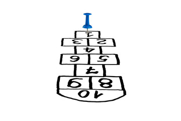 hopscotch game, children's game is drawn on a white background with a barrette in the player's seat...