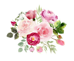 A collection of hand painted watercolor flowers roses