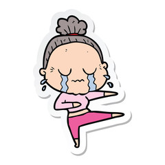 sticker of a cartoon old dancer woman crying