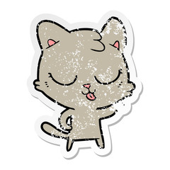 distressed sticker of a happy cartoon cat