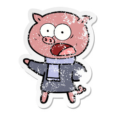 distressed sticker of a cartoon pig shouting