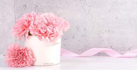 May mothers day handmade giftbox wishes photography - Beautiful blooming carnations with pink ribbon box isolated on fair-faced gray background desk, close up, copy space, mock up