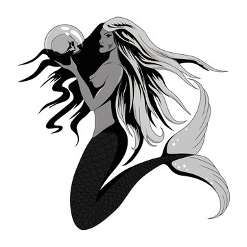 Vector image of a mermaid with a skull. Image on white background.